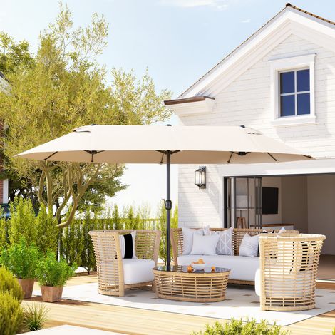 Parasol double jardin 460x270x240cm anti-UV manivelle terrasse extérieure piscine, beige (1/4)