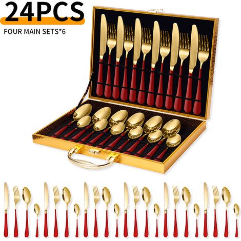 Service de table 24 pièces en acier inoxydable - Service de table - Service de table pour 6 personnes - Avec boîte de rangement - Acier inoxydable - Rouge/Or (1/5)