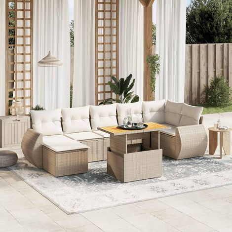 Ensemble Salon Jardin 8 Places Résine Tressée Beige avec Coussins Amovibles - Table Réglable Hauteur (1/3)