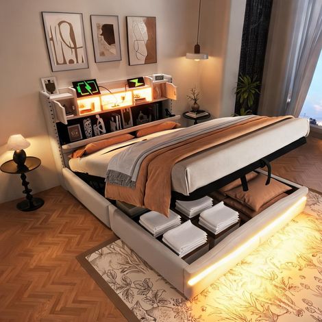 Cadre de lit beige en lin 218 x 145 x 110 cm (1/5)
