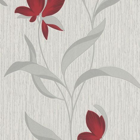 Flower Wallpaper Floral Textured Glitter White Red Silver Vinyl Erismann