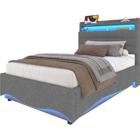 Lit capitonné 90 x 200 cm avec LED, rangement hydraulique, ports USB et Type-C, étagère intégrée, sans matelas, tissu lin gris, idéal pour chambre moderne - CHICFURN (1/5)