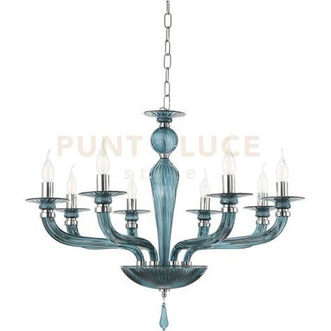 LAMPADARIO VILLA VETRO E METALLO 8 LUCI OTTANIO E CROMO ATTACCO E14 D.82CM