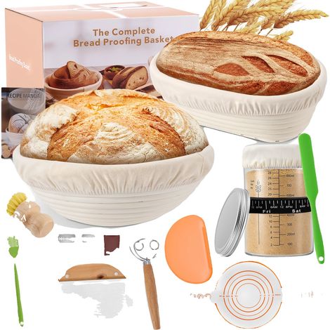 Kit de iniciación para masa madre, tarro de 900 ml, cestas de fermentación de ratán, color beige. (1/2)
