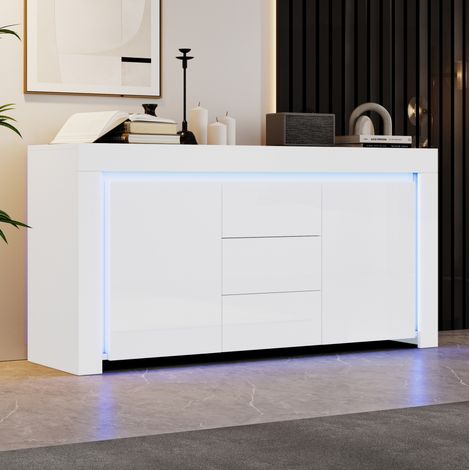 Buffet de salon avec LED, 2 portes et 3 tiroirs, 140x40x65 cm, blanc (1/5)