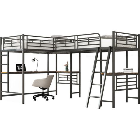 Lit mezzanine 90x200 avec bureau intégré, double échelle, garde-corps haut, structure métal et MDF noir, design gain de place pour chambre d'enfant  CHICFURN (1/5)