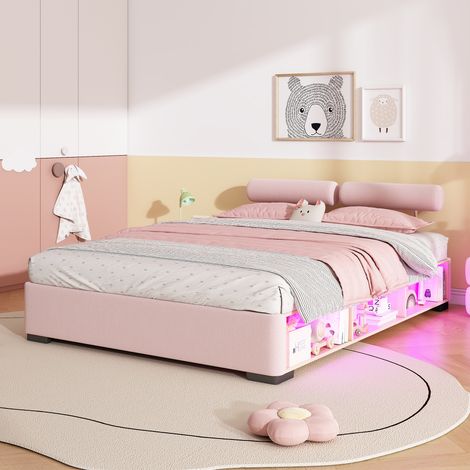 Lit enfant rose capitonné, lit junior avec étagère latérale LED, espace de rangement ouvert, têtes de lit modulables et fixables sur 3 côtés, lit bas pour chambre d'enfant, 140 x 200 cm (1/4)
