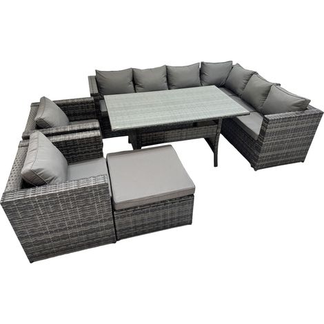 Fimous Rattan Garden Furniture Set Outdoor 9 Seater Patio Dining Corner Sofa Sets with Dining Table 2 Chairs Big Stool Dark Grey Mixed (1/5)