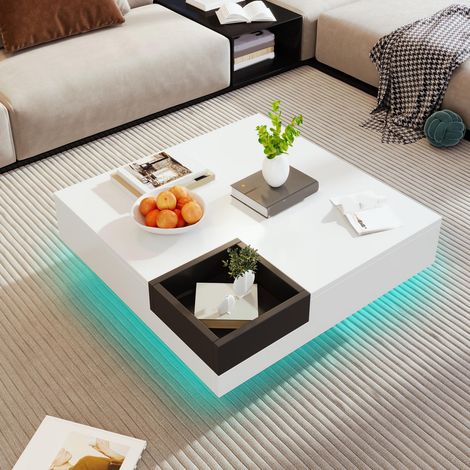 Mesa de centro brillante con tira led controlable por app y caja de almacenamiento extraíble - 72 x 72 x 30 cm - diseño moderno para salón - blanco y negro (1/5)