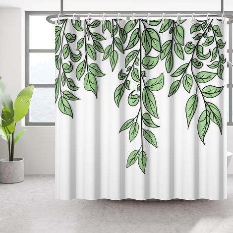 Rideau de Douche Végétal Verts 92x183cm Tissu Polyester Blanc Imperméable 6 Crochets (1/5)