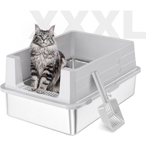 Bac Litiere pour Chat en INOX, Bac a Litiere pour Chats avec Pelle, Grande Caisse Chat Litiere XXXL à Bords Hauts Amovibles, Toilette pour Chats, Anti-Fuite, Anti-Odeurs, Facile à Nettoyer, Gris Clair (1/5)