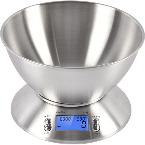 5 kg/1g Balance de Cuisine en Acier Inox - avec bol de 2,15L Amovible, Grand Ecran Rétroéclairé, Fonction Tare - Argent