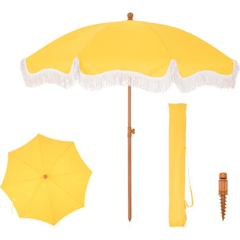 Parasol de balcon Protection solaire 200 cm Pliable Rond avec franges, parasol de plage bohème Résistant au vent Parasols de balcon avec piquet pour terrasse, UPF 50+, Or (1/5)