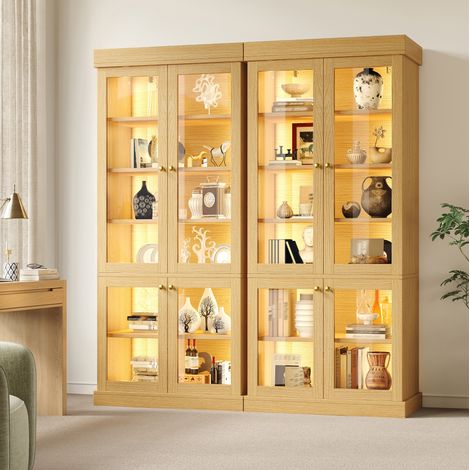 Set de 2 armarios altos con vitrina de vidrio y LED regulable, MDF color madera clara, estantes ajustables y sistema antivuelco – CHICFURN para salón y dormitorio (1/5)
