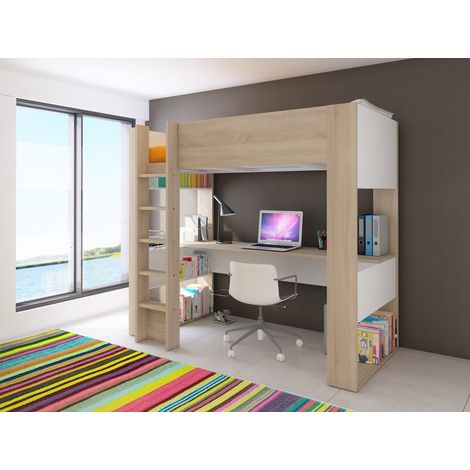 Hochbett 205x183 cm Eiche und Mattweiß mit Schreibtisch - Larice (1/5)
