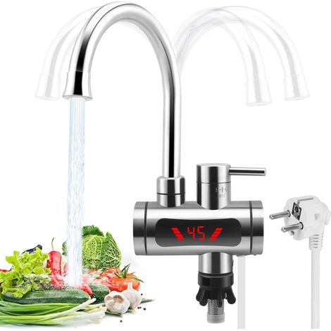 Instant Water Heater - Stainless Steel Faucet - 3300 W - Tankless Electric Kitchen Faucet - With LCD Temperature Display - Stainless Steel Kitchen Faucet