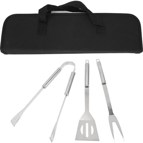 Ensemble d'ustensiles de barbecue 3 pièces en acier inoxydable : spatule, pince et fourchette, avec sac de rangement pour vos grillades et fêtes.-AquaForge