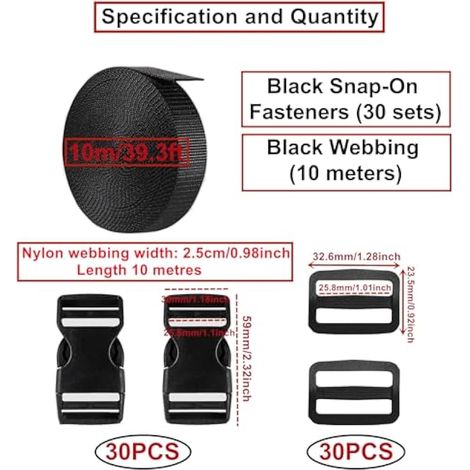 Lot de sangles en nylon de 25 mm et 10 m avec 30 clips Tri-Glide Slides - Boucle en plastique réglable pour sac à dos DIY (1/5)