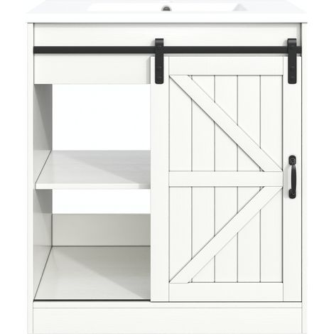 Meuble de salle de bain blanc au design porte de grange, meuble sous-vasque avec vasque en céramique, meuble de salle de bain avec tiroirs et armoire, meuble moderne pour salle de bain (1/5)