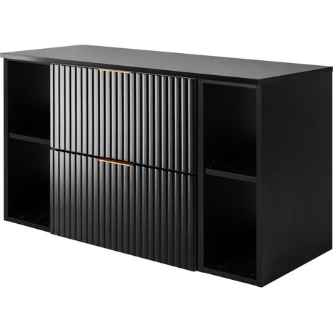 Furnidea - Meuble sous vasque FLOW NOIR 100 cm avec 2 x l'étagères - extensions et plan - 2 tiroirs - façades rainurées (1/5)