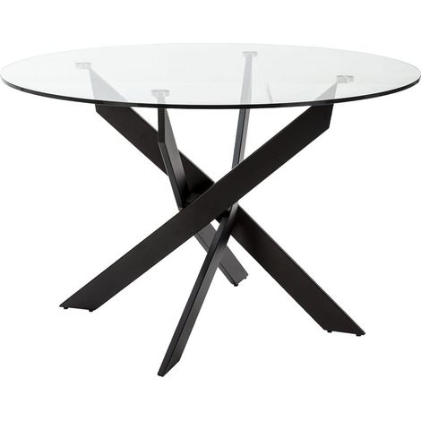 DESIAL - Table Ronde Ø120cm Plateau en Verre Piétement Croisé Métal Noir (1/5)