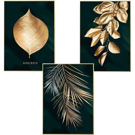 Lot de 3 affiches murales design avec motifs forêt, feuille dorées, palme, sans cadre, décoration murale pour le salon (1/4)