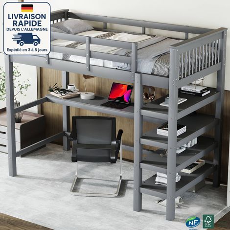 Lit mezzanine enfant avec bureau 90x200cm, pin, sans matelas, lit simple, gris (1/5)