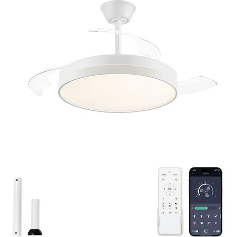 Ventilateur de Plafond avec Lumière 107cm, Lampe Ventilateur Techo à Pales Rétractables, Moteur DC Silencieux, 30006000K, 6 Vitesses, Télécommande + APP, 2 Tiges de Suspension (Blanc) (1/5)