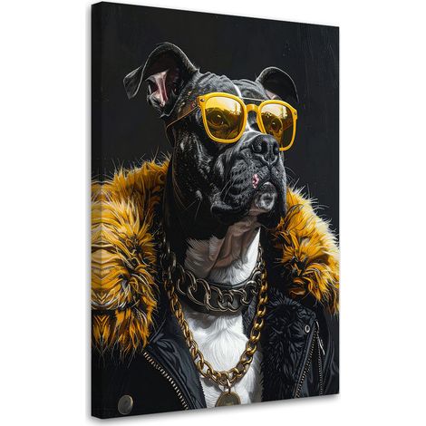 Leinwandbild Pitbull-Hund mit gelber Brille und Fell 60x90 (1/5)