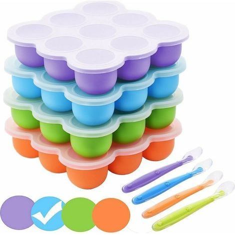 Gefrierbehälter aus Silikon zur Aufbewahrung von Babynahrung, Eiswürfelform mit luftdichtem Deckel für Babynahrung, Muttermilch, Brei, Whisky, Joghurt und Eiswürfel, wiederverwendbar, 9 x 75 ml, Blau (1/5)