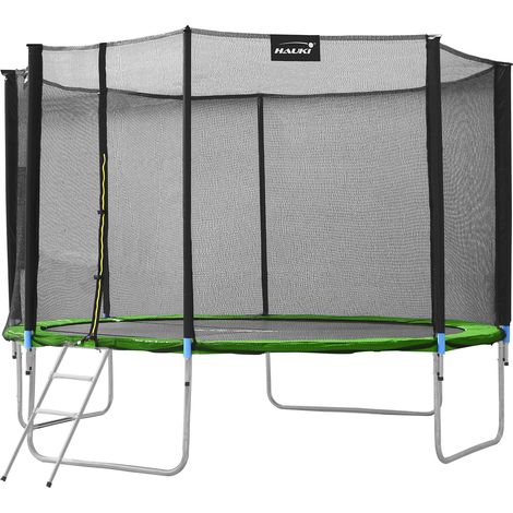 Trampolino da esterno Hauki, Ø427 cm, verde, testato GS, trampolino rotondo da giardino per bambini fino a 150 kg, set completo con rete di sicurezza, scaletta, copertura dei bordi, pali imbottiti