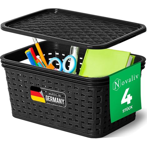Ensemble de 4 paniers de rangement élégants avec couvercles en aspect rotin Plastique alimentaire noir 2L pour le bureau et la maison. Boîtes de