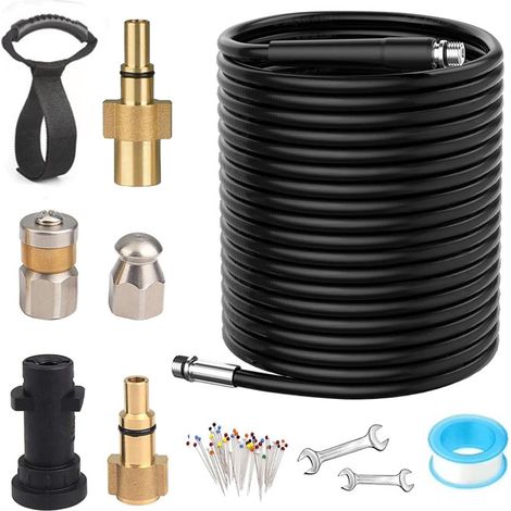 15M Tuyau Déboucheur Canalisation pour Haute Pression avec Buse à Jet et Buse Rotatif, Kit de Tuyau avec Adaptateurs Compatible avec Kärcher série et Nettoyeur Haute Pression (1/5)