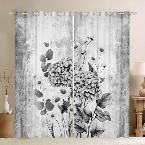 Rideau Occultant 140x260 cm Aquarelle Hydrangea Floral, Rideau Peinture À l'huile Abstraite, Rideaux Voilage Ferme Rustique, Voilage Fenetre Fleurs Blanches Grises pour Chambre Salon - 140L X 260H cm (1/5)