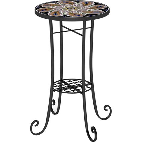 Mosaic Garden Table, 35.5 cm Round Outdoor Table with Shelf, Ceramic Tile Top, Small Garden Side Table Bistro Table End Table Plant Stand for Indoor, Patio, Balcony, Orange