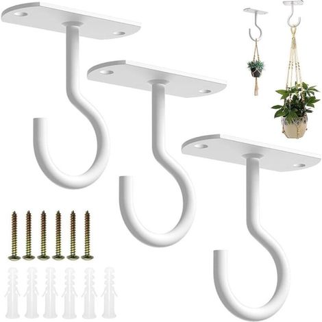 Crochets de Plafond pour Plantes Suspendues, 3 Pack Métal Mur Crochet Swag avec Vis et Ancres, Crochets de Suspension pour Paniers Mangeoires à Oiseaux Lanternes Carillons Éoliens (Blanc) (1/4)