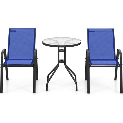 Set bistrot da esterno 3 pezzi, Tavolino rotondo con 2 sedie impilabili piano tavolo in vetro temperato Blu (1/3)