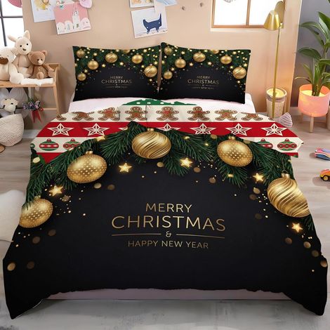 Housse De Couette 240X260 Cartes De Noël Élégantes Boule Dorée Luxueuse Branche De Pin Parure De Lit 2 Personne Ado Noir Housse Couette Microfibre avec Fermeture Éclair, Taie d'oreiller - 240x260cm+2 (1/5)