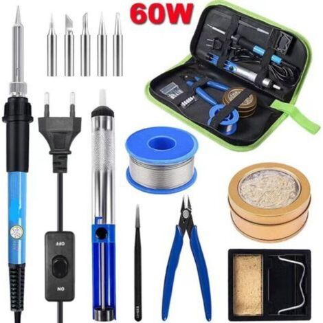 Fer à souder, kit de fer à souder, outil de soudage à température réglable avec pointes de fer à souder, ventouse, fil à souder, pince à épiler, coupe-fil, boule de bobine en laiton, support, sac de