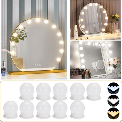 Lámpara de baño con espejo, 10 bombillas LED regulables estilo Hollywood, kit de iluminación con 3 niveles de brillo (espejo no incluido). (1/5)
