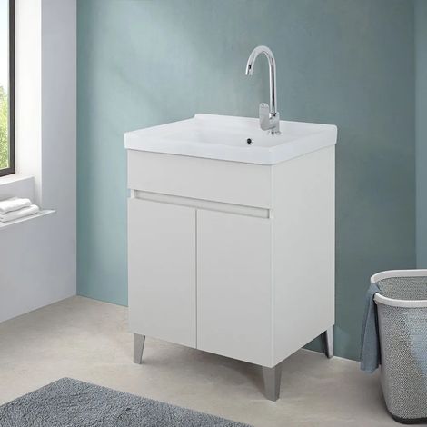 Mobile lavatoio 60x46,8 cm bianco frassinato con vasca in ceramica bianca (1/5)