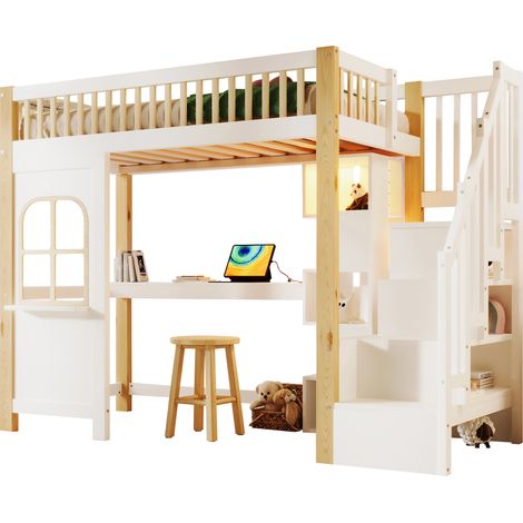 Hochbett 90 x 200 Cm Mit Schreibtisch, LED, Stauraumleiter Und Regalen, Ohne Matratze, Aus Holz, Weiß Und Natur (1/5)