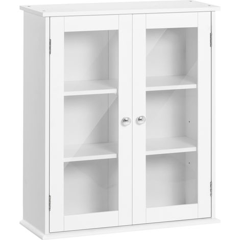 Armario Baño 2 Puertas Cristal Colgante Multiusos Cocina Salón Estantes Balda Ajustable 55x20x65 cm Blanco (1/5)