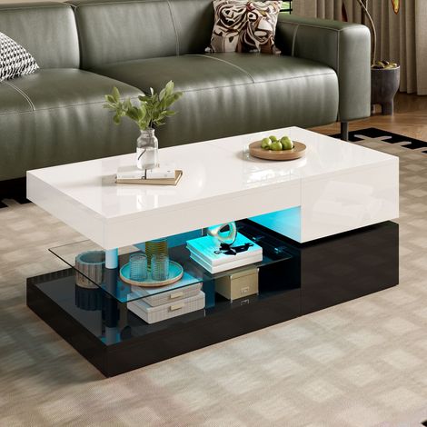 Tavolino da caffè moderno 90x45x35 cm, con illuminazione LED d'atmosfera, controllo App e Bluetooth, ripiano in vetro e superficie lucida, design bianco e nero per soggiorno