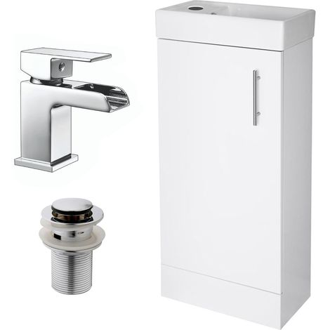 400mm Bathroom Basin Sink Vanity Unit Furniture Waterfall Mixer Tap FREE Waste - White