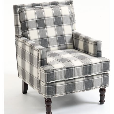 Fauteuil d'appoint vintage en lin rayé gris et blanc avec clous décoratifs (1/5)