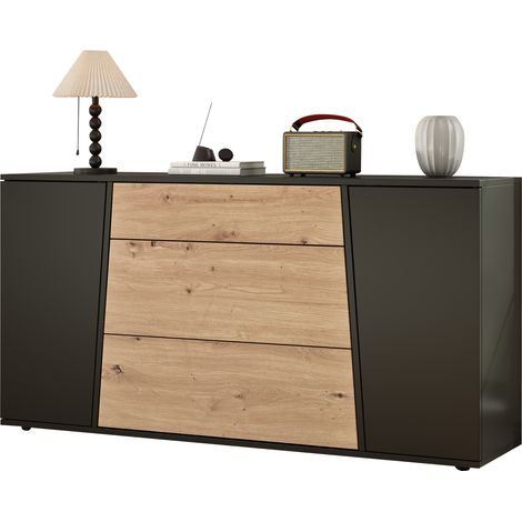 Sideboard mit 2 Türen, 3 Schubladen und Verstellbaren Einlegeböden für Küche aus MDF, Schwarz und Holzoptik, 140 x 35 x 70 cm (1/5)
