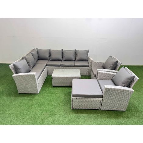 Fimous 9 Seater Garden Outdoor PE Rattan Furniture Set Rattan Garden Sofa Set with Big Footstool 2 Chair Light Grey Mixed (1/5)