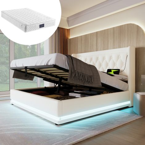 Letto matrimoniale imbottito 160200 cm, in materiale PU bianco, con meccanismo idraulico di contenimento, testiera imbottita con funzione di ricarica USB Type-C, illuminazione a LED su 3 lati (materas (1/5)