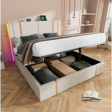 Letto contenitore 160x200 in lino beige con LED, USB-C e vano, senza materasso - CHICFURN (1/5)